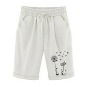 Women Plus Size Cotton Linen Shorts Summer Drawstring Elastic Waist Short Pants Dandelion Printed Bermuda Shorts Loose Fit Straight Wide Leg Shorts Recent Order